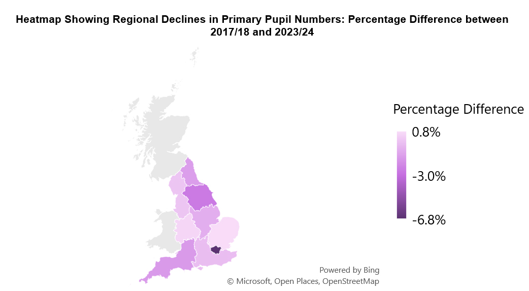 Heatmap Showing Regional Declines in Primary Pupil Numbers: Percentage Difference between 2017/18 and 2023/24.